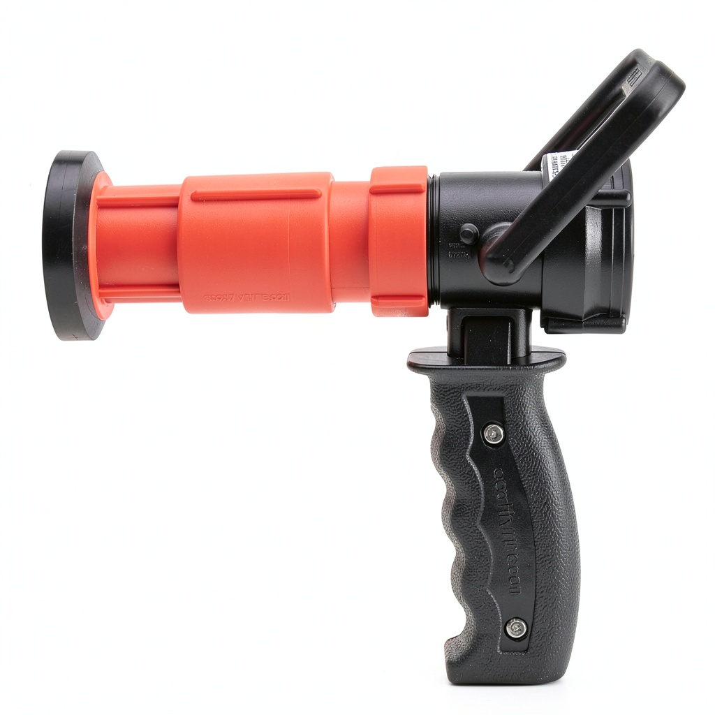 FireHoseDirect nozzle attached to a hose in an industrial setting