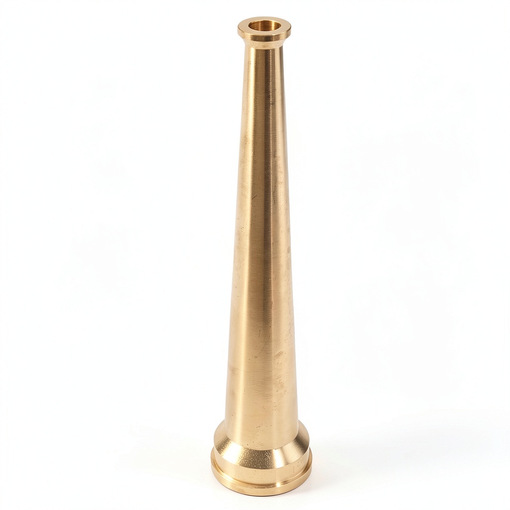 FireHoseDirect brass nozzle attached to a fire hose in an industrial setting