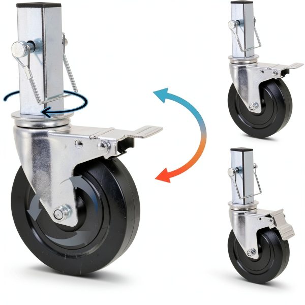 5 Inch Scaffolding Casters, Set of 2 Baker Scaffold Wheels with Dual Locking Brakes, Heavy Duty 1-1/4" Square Stem Scaffolding Accessories for Workbench Shelves, 440 lbs Capacity per Caster-2