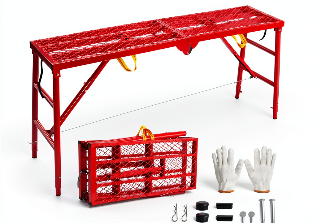 Installing Folding Scaffolding Platform Mstge 800lb 5-Level Adjustable Red on a wooden workbench